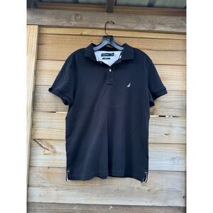 Nautica Mens Polo Shirt Large Black slim fit button casual logo SO‎ Soft!